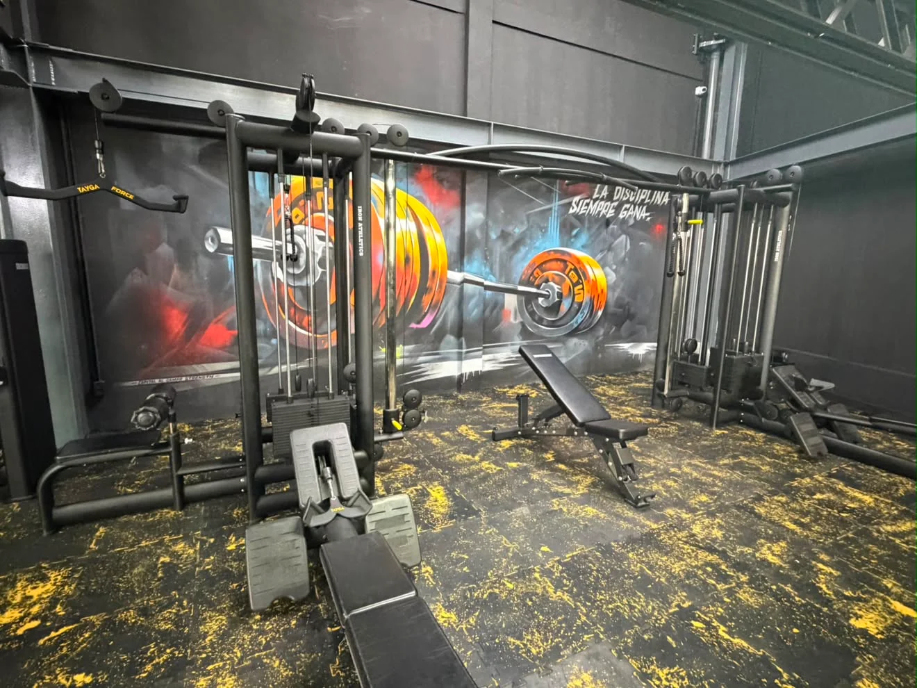 Zona de fuerza con poleas y mural La disciplina siempre gana